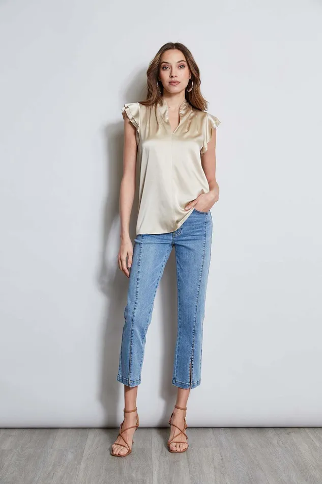 Elie Tahari Silk Satin Flutter Sleeve Shirt Driftwood Women Tops