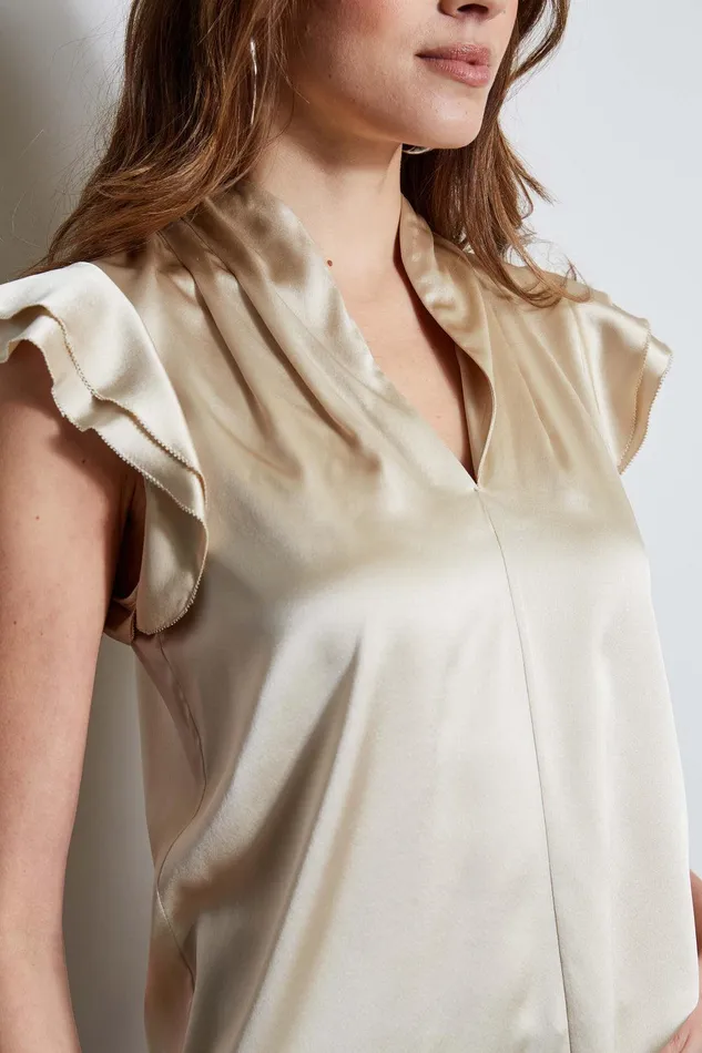 Elie Tahari Silk Satin Flutter Sleeve Shirt Driftwood Women Tops