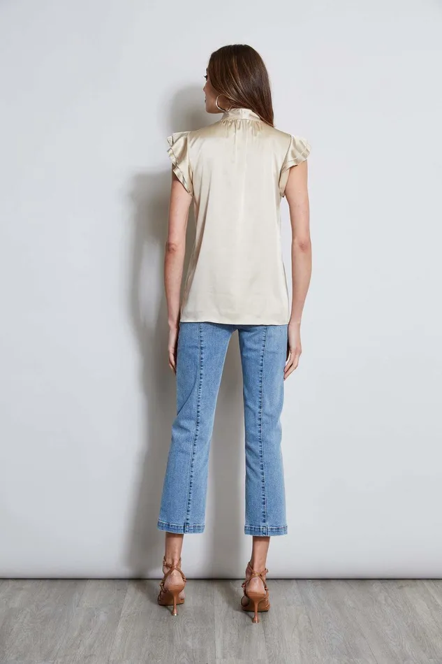 Elie Tahari Silk Satin Flutter Sleeve Shirt Driftwood Women Tops