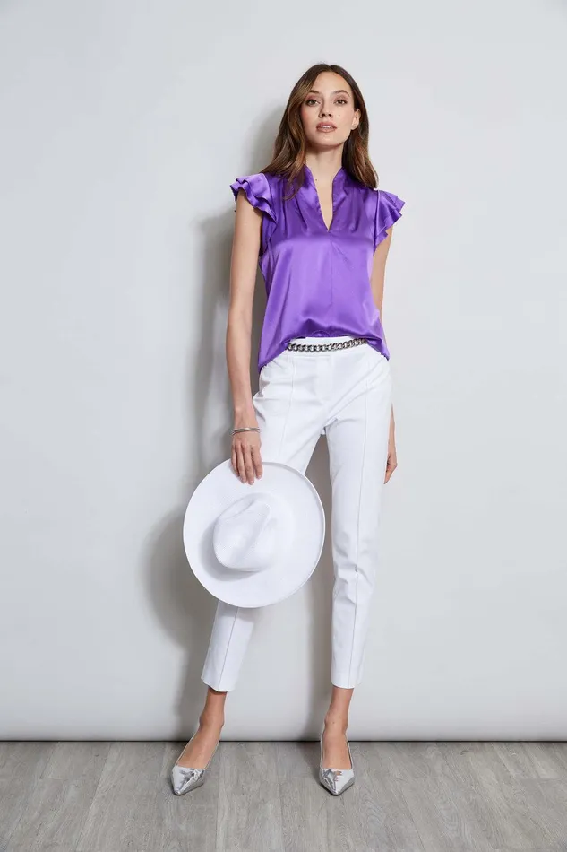 Elie Tahari Silk Satin Flutter Sleeve Shirt Violet Women Tops