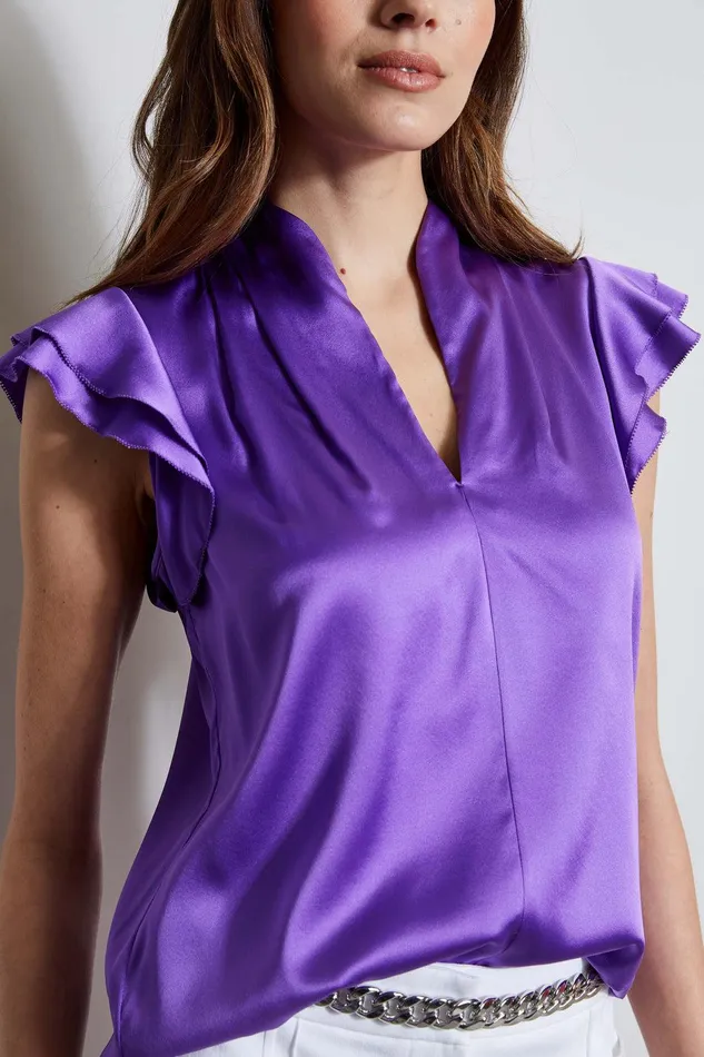 Elie Tahari Silk Satin Flutter Sleeve Shirt Violet Women Tops
