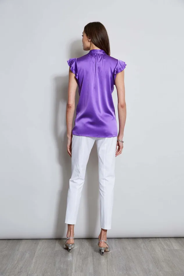 Elie Tahari Silk Satin Flutter Sleeve Shirt Violet Women Tops