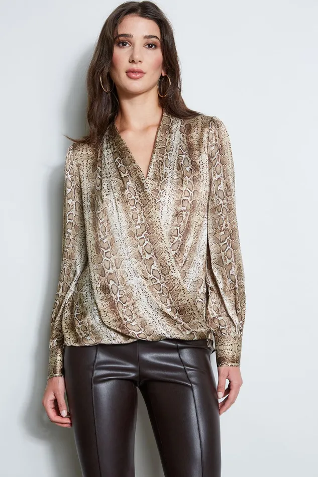 Elie Tahari Silk Satin Python Draped Shirt Multi Women Tops