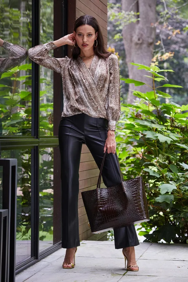 Elie Tahari Silk Satin Python Draped Shirt Multi Women Tops