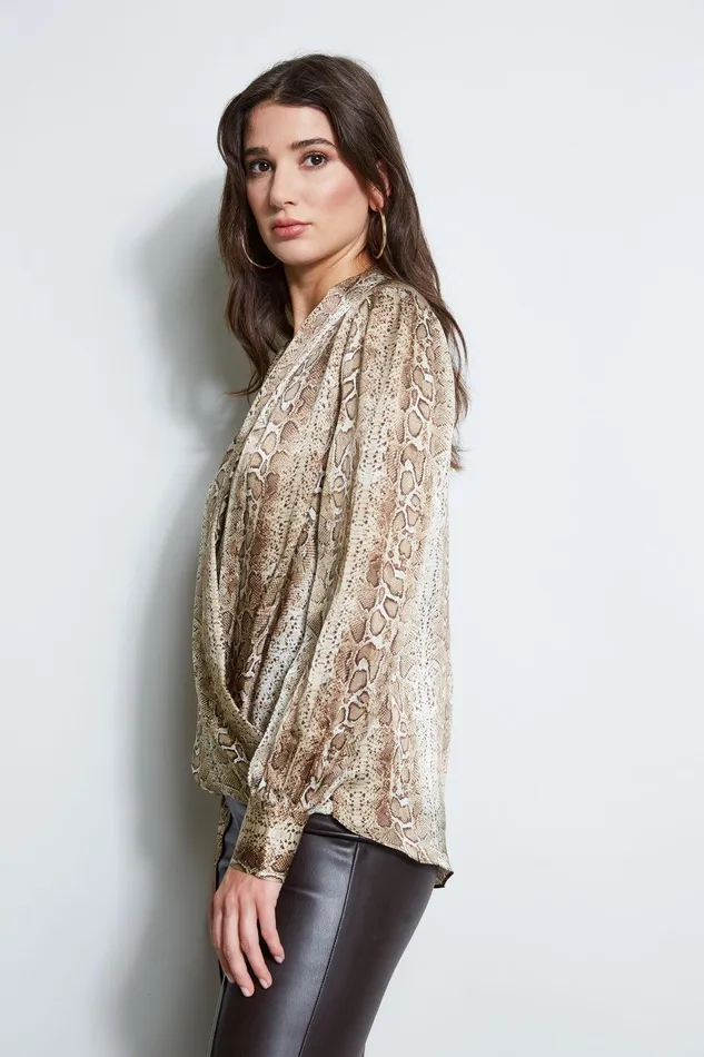 Elie Tahari Silk Satin Python Draped Shirt Multi Women Tops