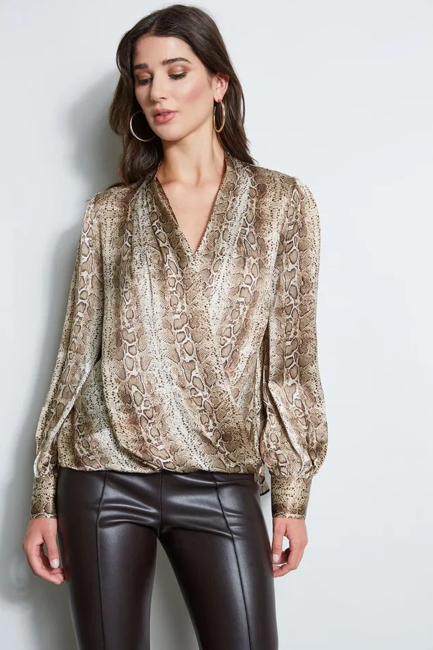 Elie Tahari Silk Satin Python Draped Shirt Multi Women Tops