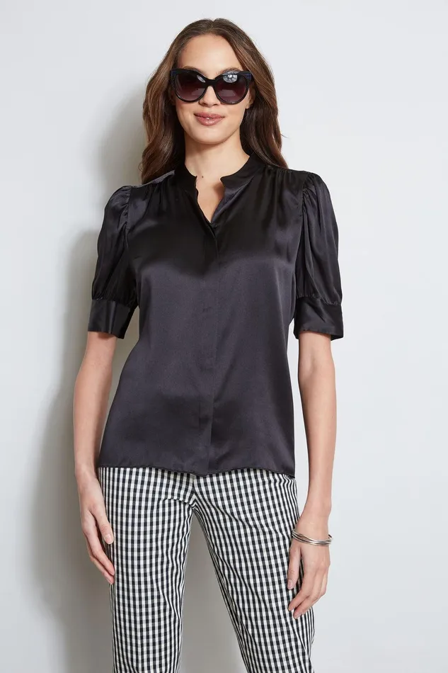 Elie Tahari Silk Satin Ruched Sleeve Shirt Black Women Tops