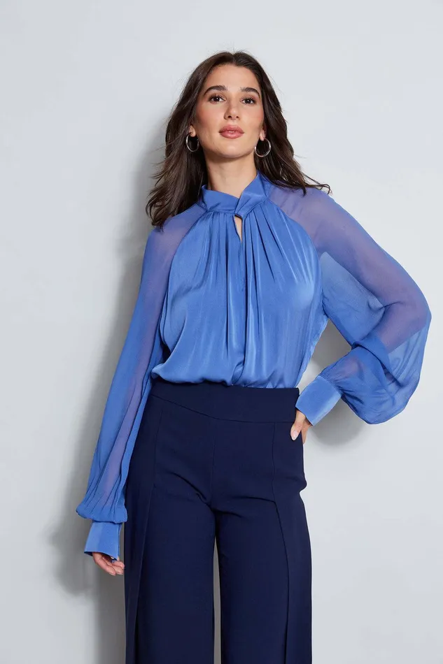 Elie Tahari Silk Twist Keyhole Shirt Paris Blue Women Tops