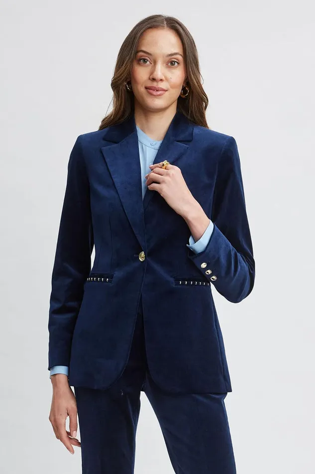 Elie Tahari Single Button Velvet Blazer Midnight Women Jackets and Blazers