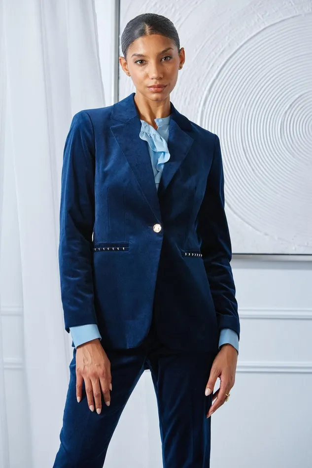 Elie Tahari Single Button Velvet Blazer Midnight Women Jackets and Blazers