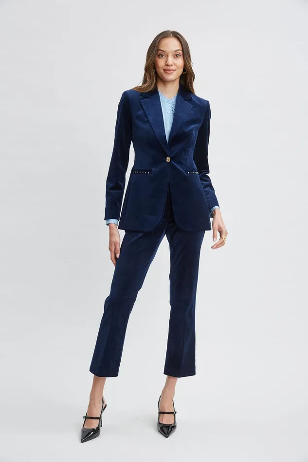 Elie Tahari Single Button Velvet Blazer Midnight Women Jackets and Blazers