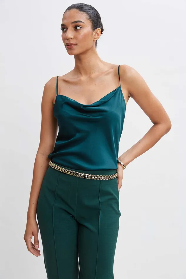 Elie Tahari Stretch Silk Satin Cami Forest Green Women Tops