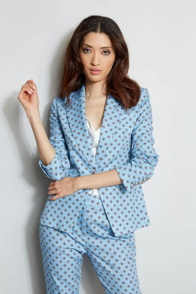 Elie Tahari Sun Print Single Button Blazer Sun Blue Print Women Jackets and Blazers