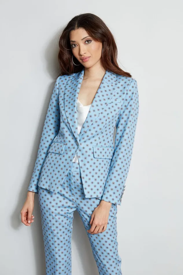 Elie Tahari Sun Print Single Button Blazer Sun Blue Print Women Jackets and Blazers