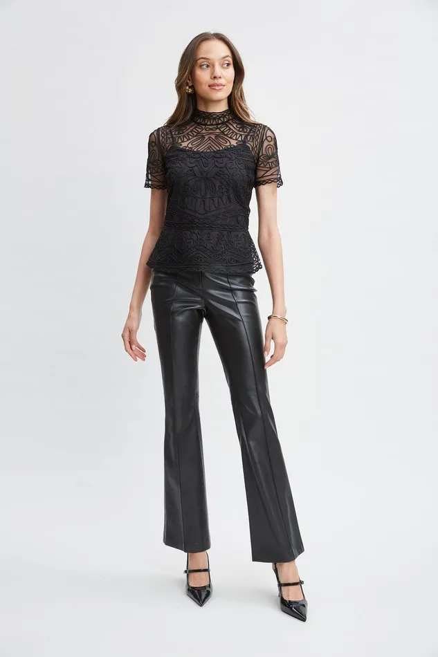 Elie Tahari Tape Applique Mock Neck Shirt Black Women Tops