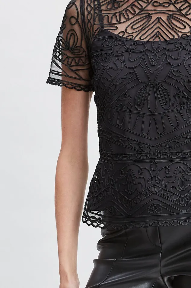 Elie Tahari Tape Applique Mock Neck Shirt Black Women Tops