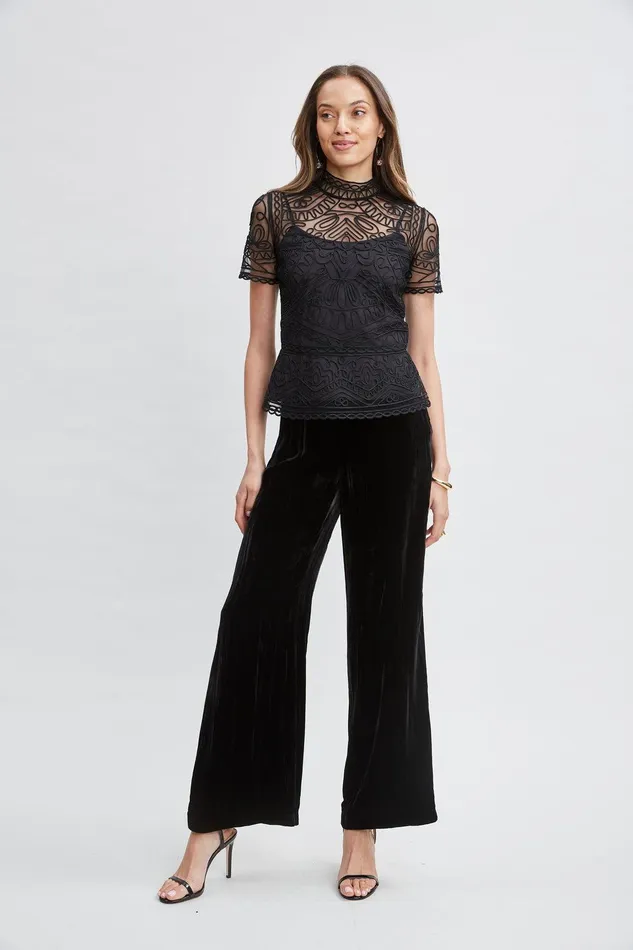 Elie Tahari Tape Applique Mock Neck Shirt Black Women Tops