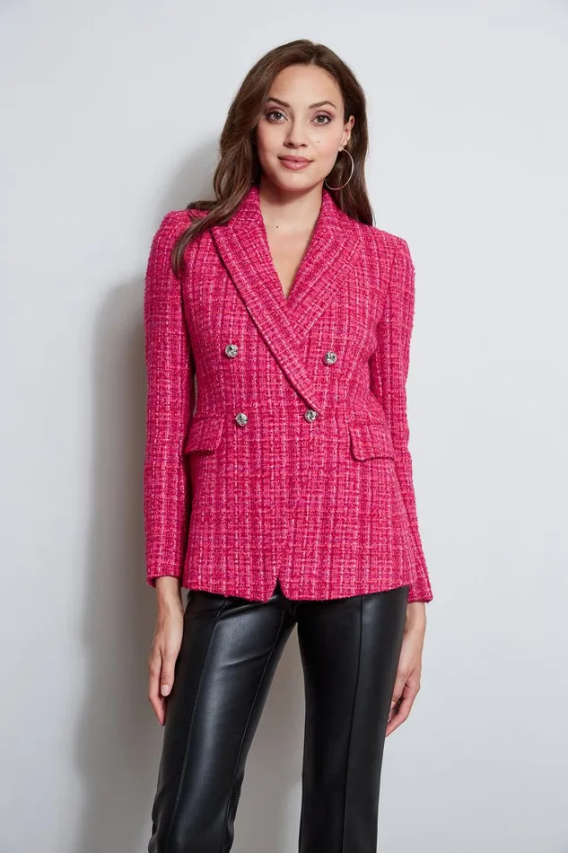 Elie Tahari Tweed Double Breasted Blazer Electric Pink Women Jackets and Blazers