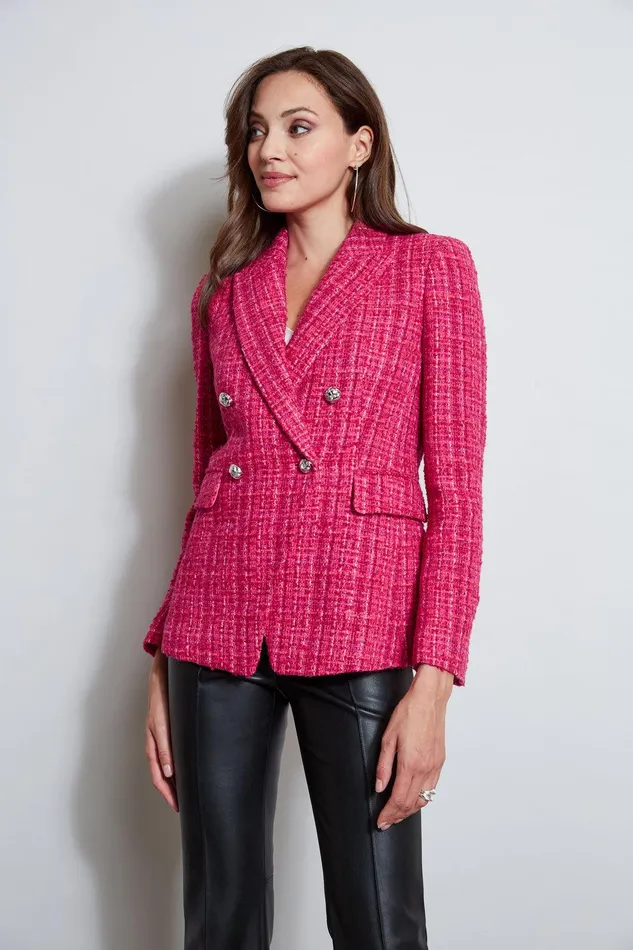 Elie Tahari Tweed Double Breasted Blazer Electric Pink Women Jackets and Blazers