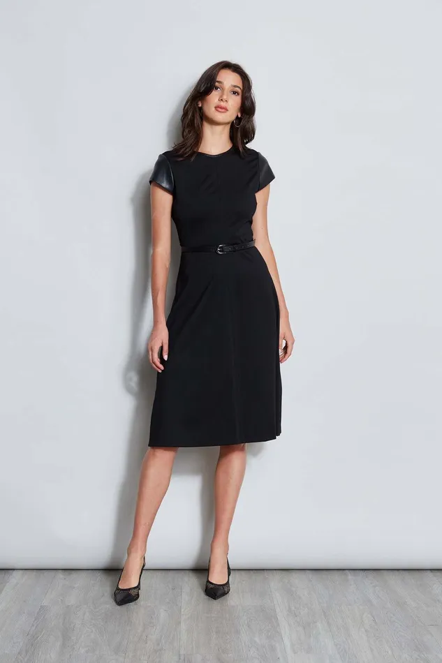 Elie Tahari Vegan Leather Short Sleeve Belted Knit Dress Black Women Dresses and Jumpsuits