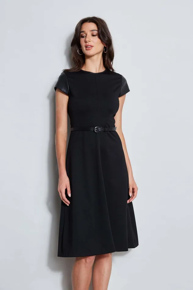 Elie Tahari Vegan Leather Short Sleeve Belted Knit Dress Black Women Dresses and Jumpsuits