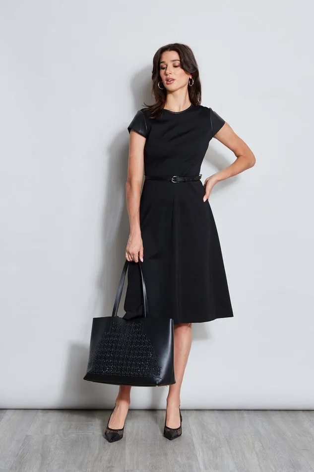 Elie Tahari Vegan Leather Short Sleeve Belted Knit Dress Black Women Dresses and Jumpsuits