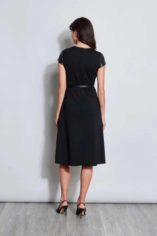 Elie Tahari Vegan Leather Short Sleeve Belted Knit Dress Black Women Dresses and Jumpsuits