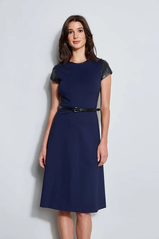 Elie Tahari Vegan Leather Short Sleeve Belted Knit Dress Galaxy Navy Women Dresses and Jumpsuits