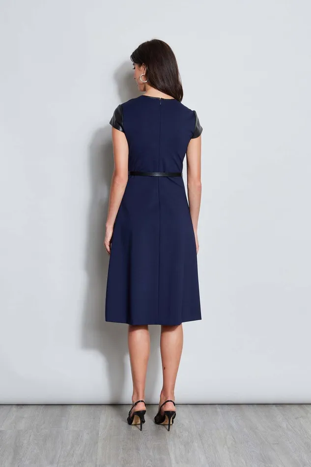 Elie Tahari Vegan Leather Short Sleeve Belted Knit Dress Galaxy Navy Women Dresses and Jumpsuits