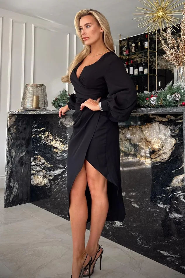 Elsa Black Long Sleeve Wrap Asymmetric Dress Women Girl In Mind Wrap Dresses
