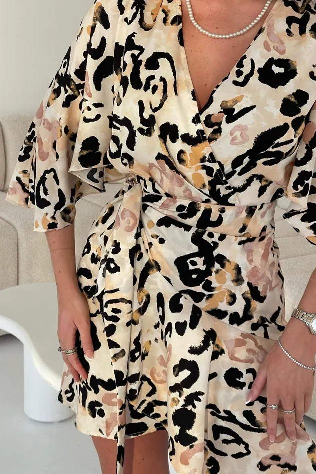 Elsie Cream Animal Print Wrap Over Mini Dress Women Girl In Mind Wrap Dresses