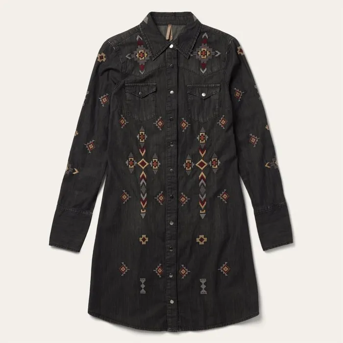 Embroidered Black Denim Shirt Dress Black Women Stetson Mini