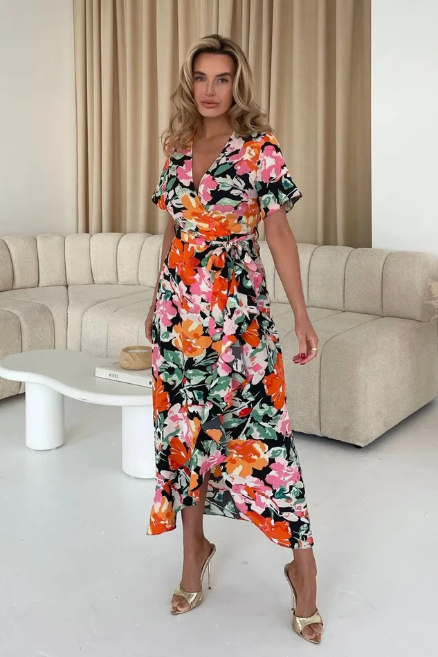 Farrah Orange Floral Split Hem Frill Detail Maxi Dress Women Girl In Mind Wrap Dresses