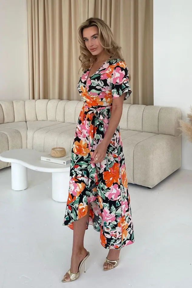 Farrah Orange Floral Split Hem Frill Detail Maxi Dress Women Girl In Mind Wrap Dresses