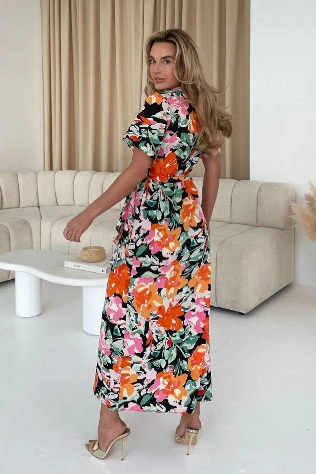 Farrah Orange Floral Split Hem Frill Detail Maxi Dress Women Girl In Mind Wrap Dresses