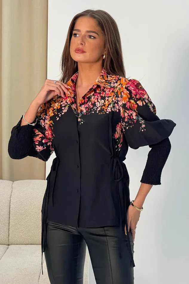 Fie Shirred Sleeve Tie Side Shirt Black Floral Women Girl In Mind Tops and Bodysuits
