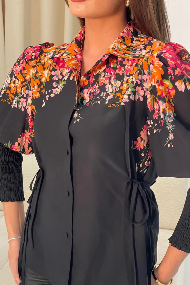 Fie Shirred Sleeve Tie Side Shirt Black Floral Women Girl In Mind Tops and Bodysuits