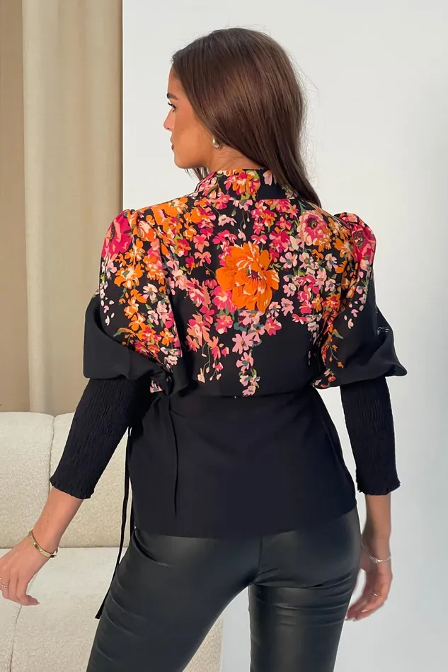 Fie Shirred Sleeve Tie Side Shirt Black Floral Women Girl In Mind Tops and Bodysuits