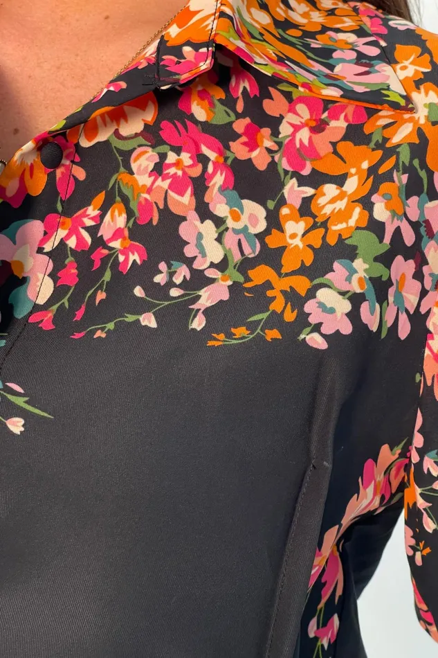 Fie Shirred Sleeve Tie Side Shirt Black Floral Women Girl In Mind Tops and Bodysuits