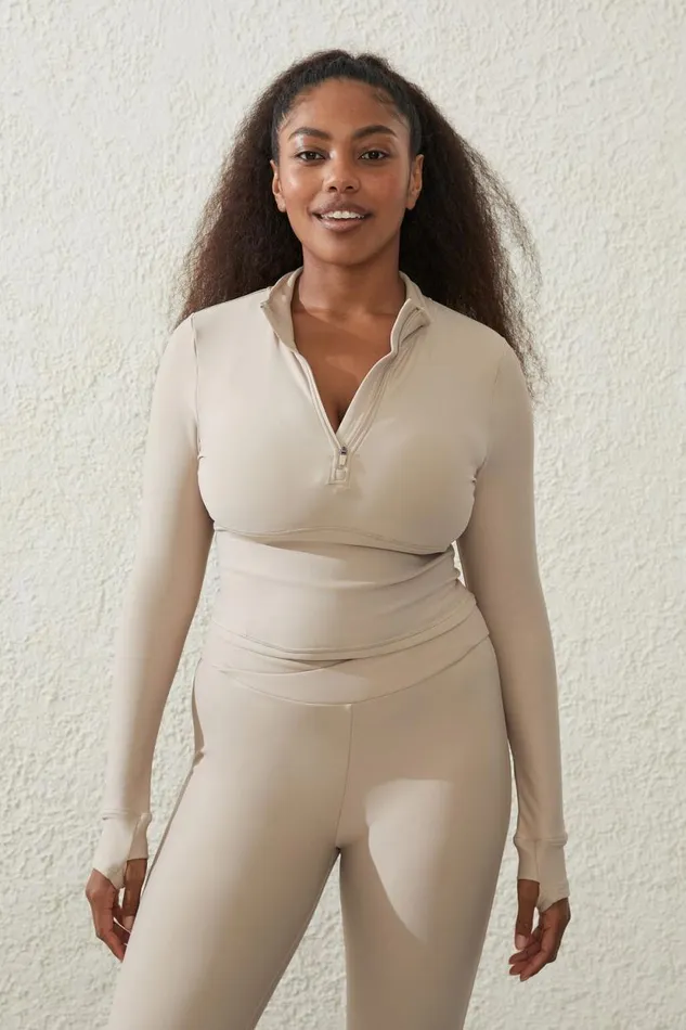 Fleece Lined Half Zip Long Sleeve White Pepper Women Cotton On Tops