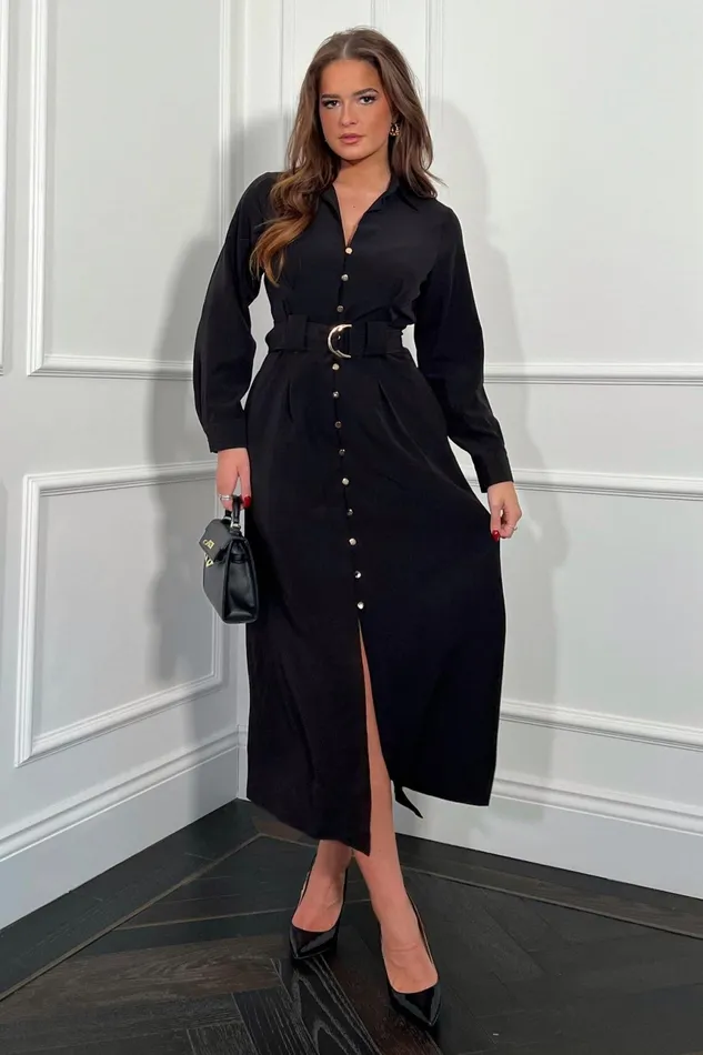 Grace Buckle Detail Black Midi Shirt Dress Women Girl In Mind Shirt Dresses