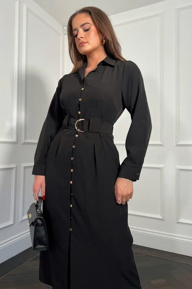 Grace Buckle Detail Black Midi Shirt Dress Women Girl In Mind Shirt Dresses