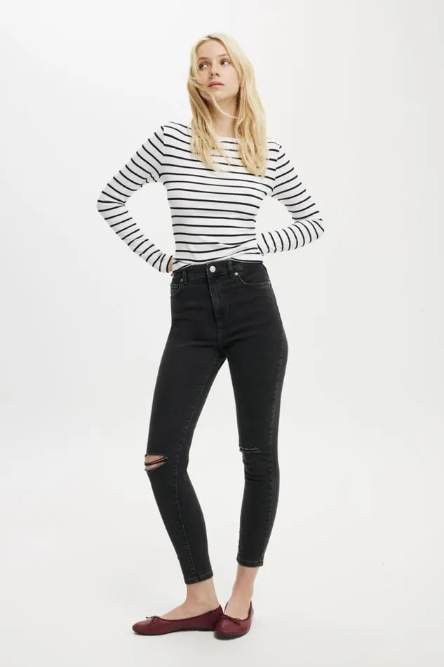 High Rise Skinny Jean Graphite Black Rip Women Cotton On Pants