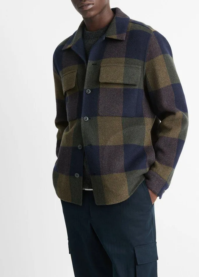 Jackets and Outerwear Men Vince Italian Plaid Splittable WoolBlend Shirt Jacket Ultramarinenight Moss