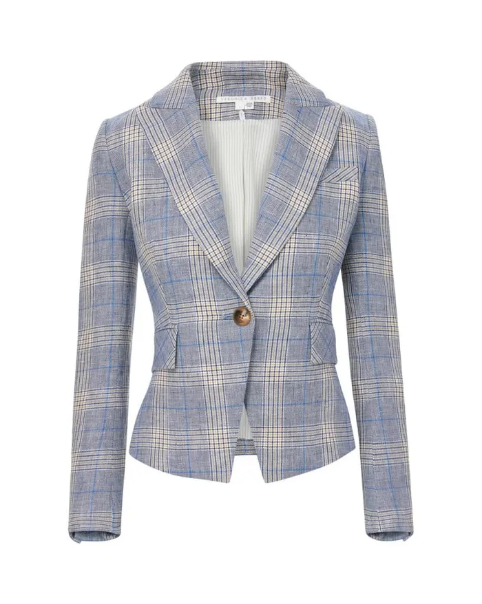 Jackets and Outerwear ShopJackets Veronica Beard Hosanna Plaid Linen Dickey Jacket Blue Multi