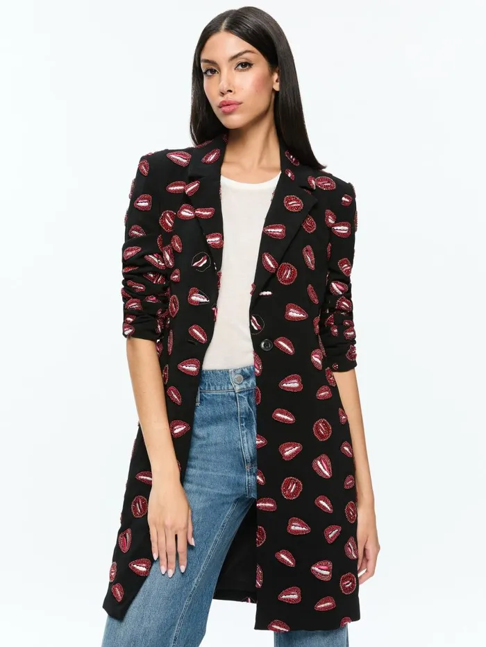 Jackets Coats Women Alice Olivia AO X TOM WESSELMANN BRET EMBELLISHED LONG BLAZER Lip Sync Black