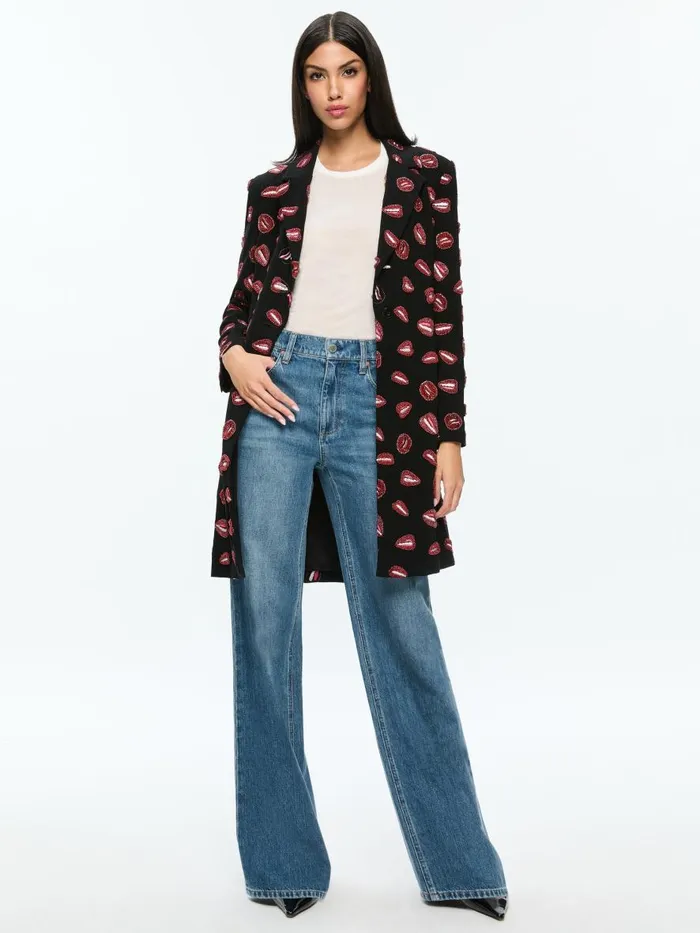 Jackets Coats Women Alice Olivia AO X TOM WESSELMANN BRET EMBELLISHED LONG BLAZER Lip Sync Black