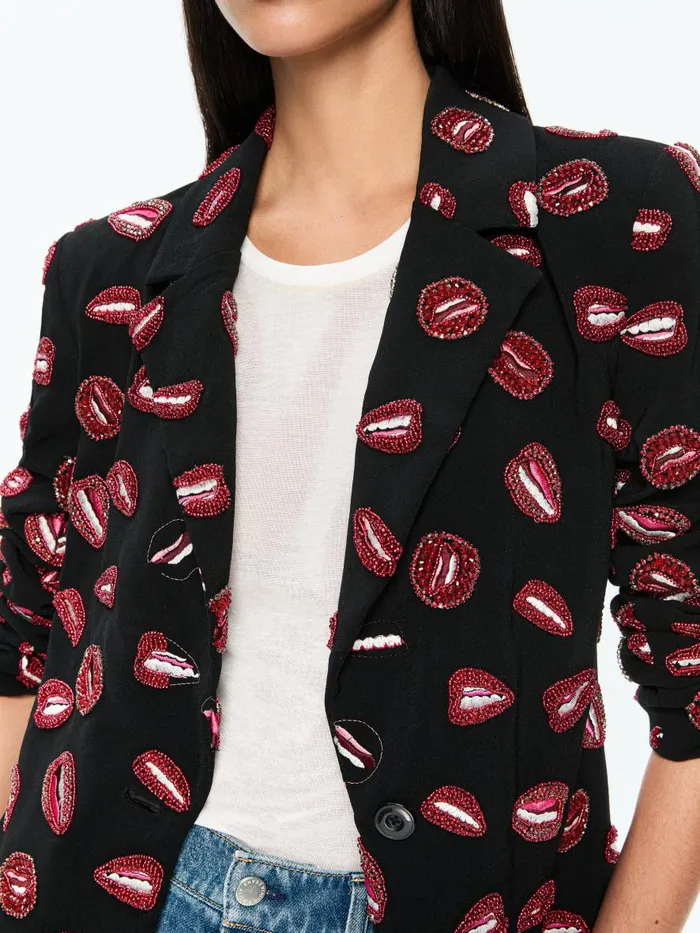 Jackets Coats Women Alice Olivia AO X TOM WESSELMANN BRET EMBELLISHED LONG BLAZER Lip Sync Black