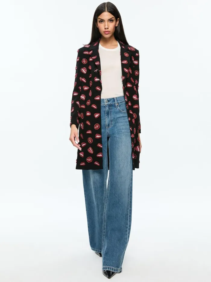 Jackets Coats Women Alice Olivia AO X TOM WESSELMANN BRET EMBELLISHED LONG BLAZER Lip Sync Black