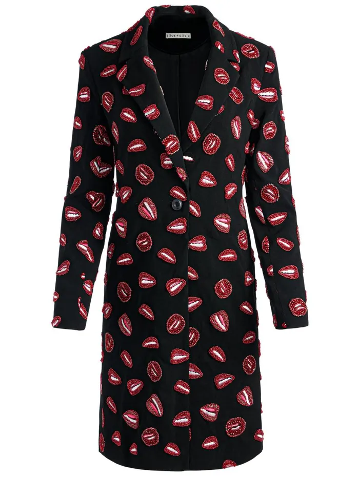 Jackets Coats Women Alice Olivia AO X TOM WESSELMANN BRET EMBELLISHED LONG BLAZER Lip Sync Black